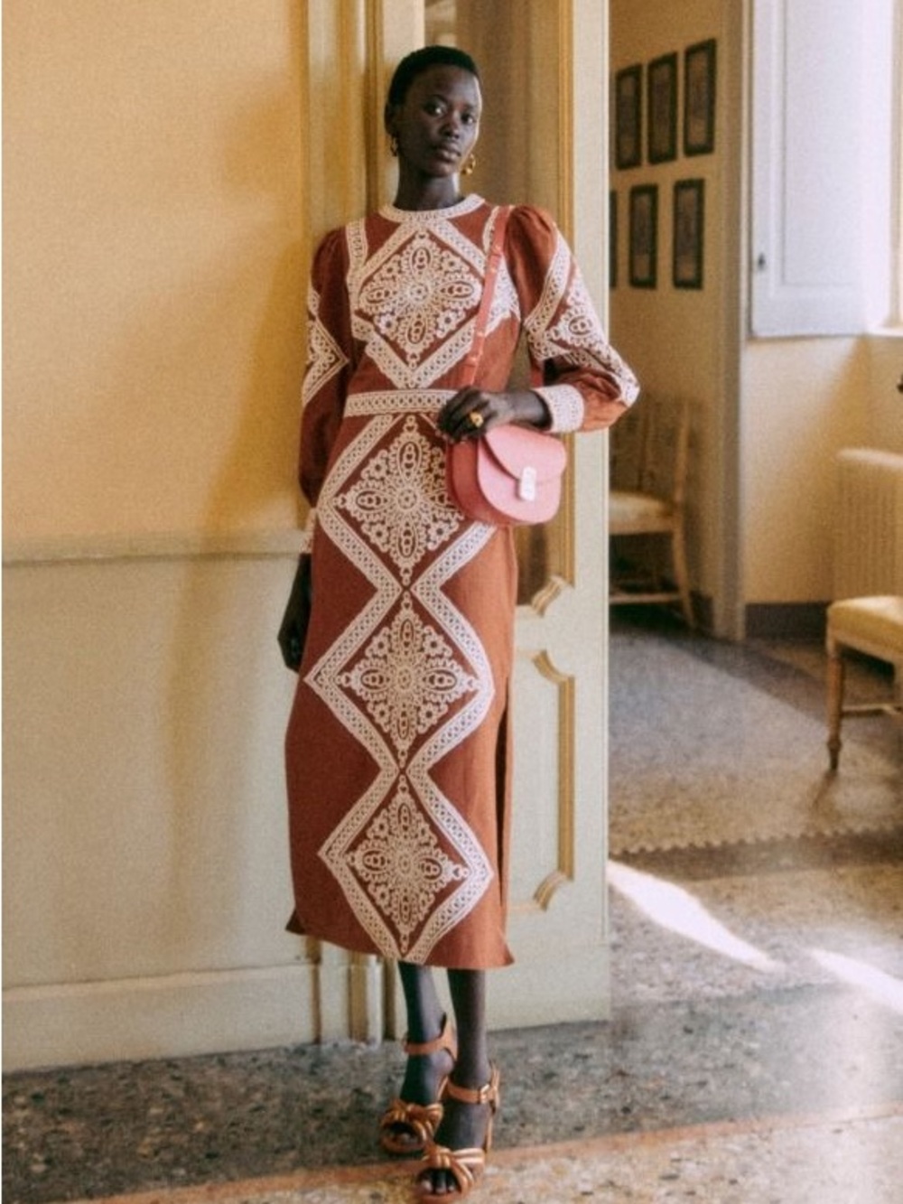Sezane Calitta Embroidered Midi Dress with Cream Lace